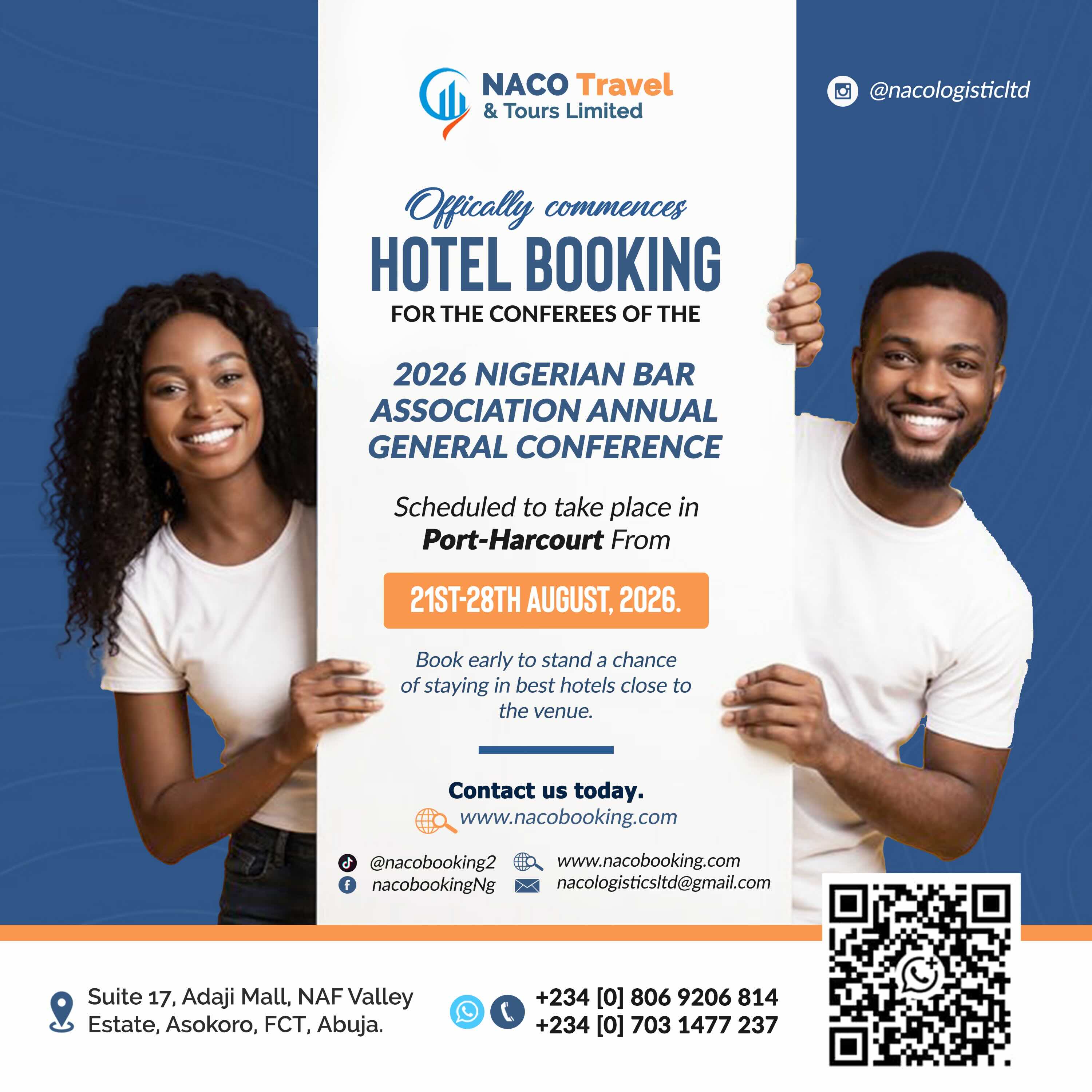 NACO Logistics Ltd officially opens hotel reservation desk for the conference, releases the1st Batch of 100  approved hotels for 2026 NBA-AGC in Port Harcourt.