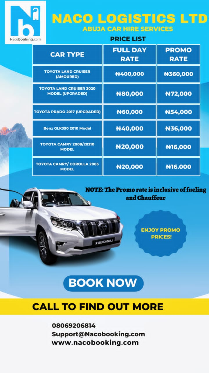 NACO LOGISTICS LTD acquires more luxury and economy vehicles to commence car hire service in Abuja. Offers special discount till 15th February, 2023